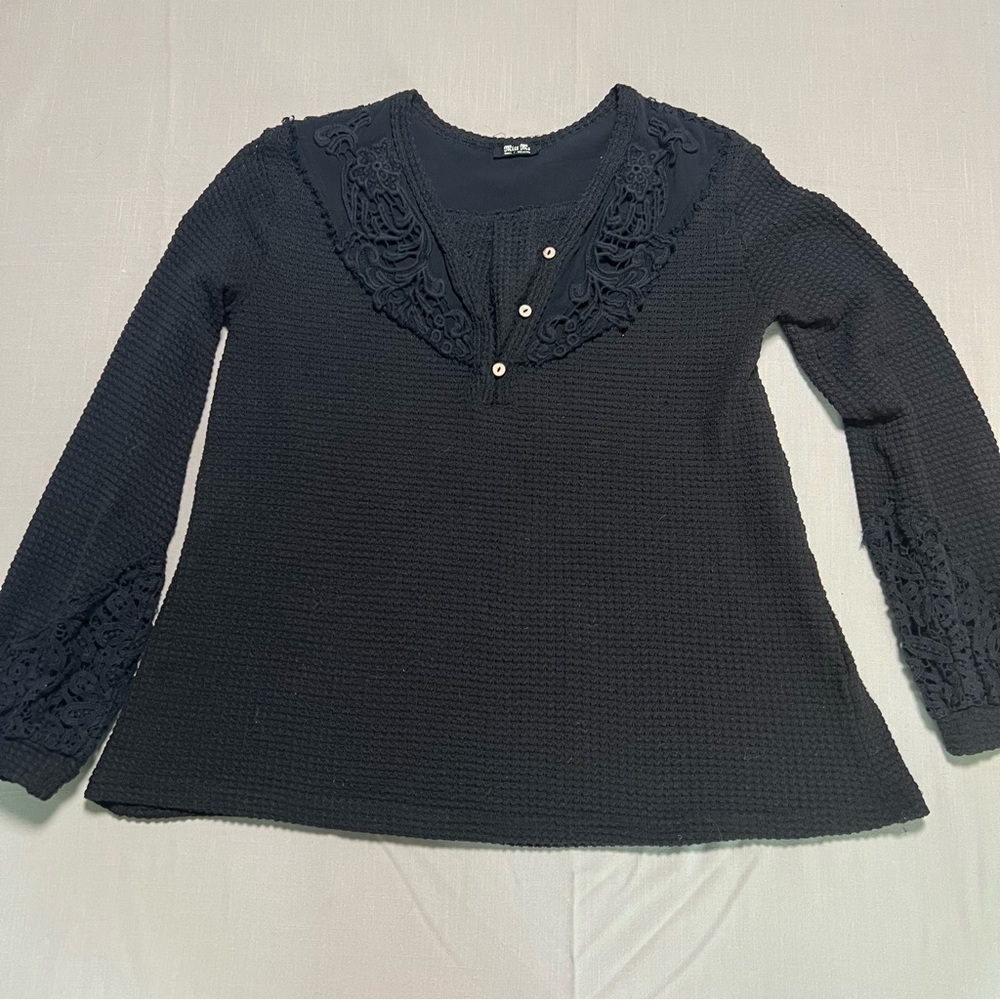 Miss Me Open Weave Waffle Knit Henley Top Crochet Details Summer Sweater Layer - Picture 3 of 12